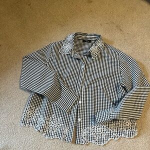 Black and white plaid shirt with lace embroidery details